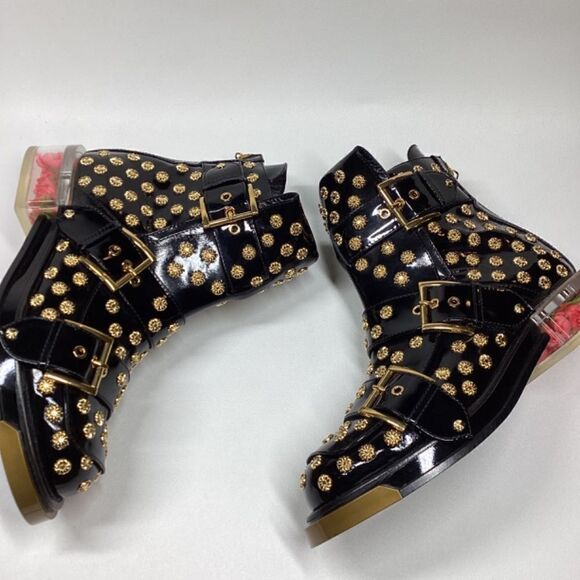 Alexander McQueen Runway Black Leather Ankle Boots with Floral Block Heels - Picture 7 of 17